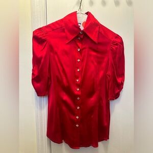 bebe Red Button-Down Shirt with Rhinestone buttons and Puff Sleeves